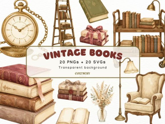 Download Vintage Books Watercolor Clipart PNG SVG - Watercolor clipart Collection